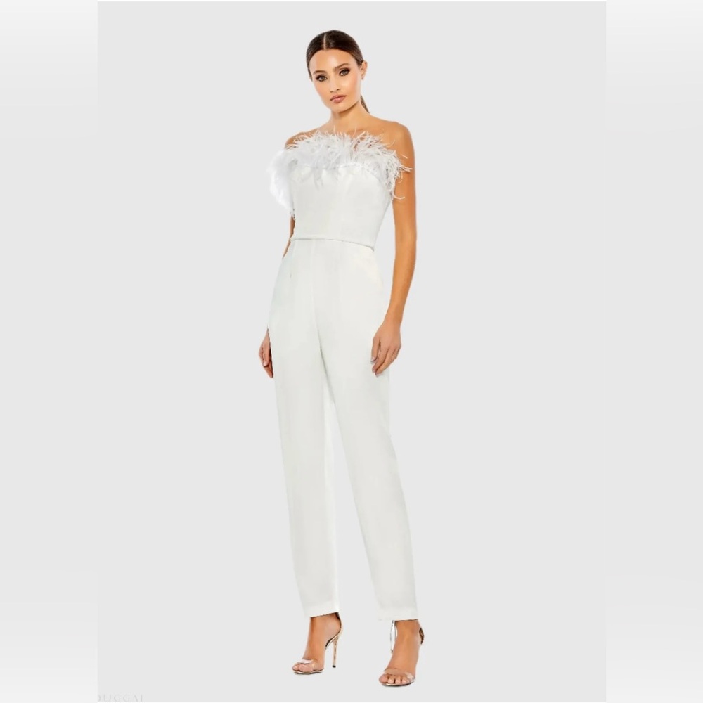 Mac Duggal White Feathered Strapless Jumpsuit